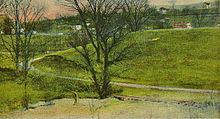 An old postcard showing a large green earthen dam with a small stream flowing in front. There are bare trees in front and houses on a hillside in the background