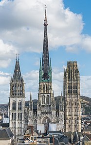 Rouen Cathedral has a Flamboyant central tower (13th–16th century) and right tower (15th century)