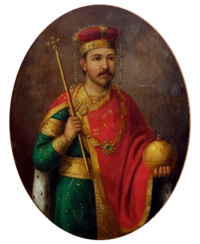 Modern painting of a standing man dressed in a green tunic, red cape, holding a sceptre and globus cruciger and wearing a gold-and-red crown