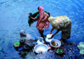 Women washing utensils in a pond, by Anwar Haque