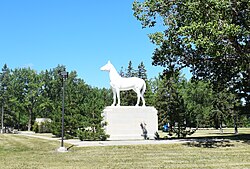 The statue of the White Horse describing the legend and the meaning behind the name White Horse Plains.