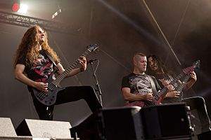 Annihilator in 2016. From left to right: Rich Gray, Jeff Waters, and Aaron Homma.