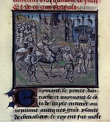 来自一部中世纪抄本上的一幅小画像。一个人骑在马上，后面跟着一些步行的人，骑过一座燃烧的城堡。城堡位于海岸边，有一些船在水里。在画的上方和下方各有一些文字。