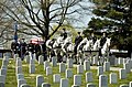The casket of Caspar Weinberger, 15th United States Secretary of Defense, in a ceremonial funeral procession en route to its final resting place in Arlington National Cemetery on April 4, 2006.