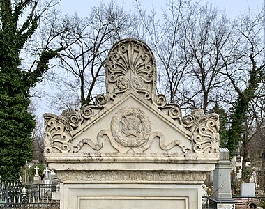 Neoclassical volutes of a pediment with acroteria of the Grave of Alexandrina Grejdanescu and Barbu Grejdanescu, Bellu Cemetery, Bucharest, Romania, unknown architect or sculptor, c.1871