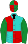 Turquoise and red (quartered), green sleeves, green and red quartered cap