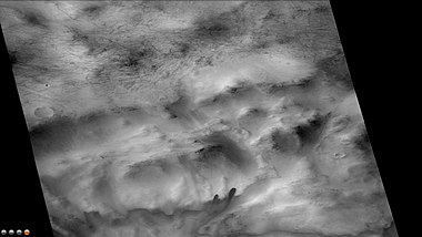 Dust devil tracks just outside rim of Maraldi Crater, as seen by CTX camera (on Mars Reconnaissance Orbiter). Note: this is an enlargement of the previous image of Maraldi Crater.