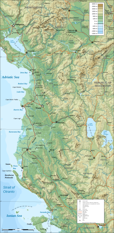 Topographic map of Albania