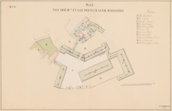 Plan of the third floor: The medieval castle (G) on top, with the Fürstenbau right below (D). The Friedrichsbau (F) is to the right