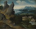 Joachim Patinir, Flight into Egypt. At right the miracle of the corn, at top left the falling idol