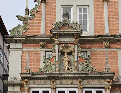 Northern Renaissance volutes on the Leisthaus, Hamelin, Germany, by the master builder Cord Tönnis, 1585-1589