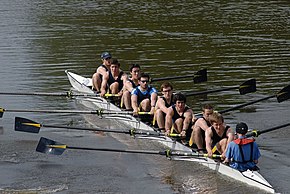 The College First VIII racing in Eights Week – rowing is one of the sporting activities of students at Oxford