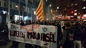 Demonstration in Barcelona on 16 February 2021 against Hasél's incarceration.