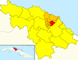 Map of La Sierra (red) in Encrucijada (orange) in Villa Clara (yellow)