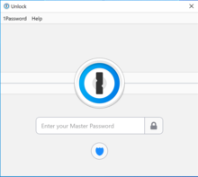 1Password (version 8)'s initial "Unlock" dialog, with logo resembling a pin tumbler lock cylinder's keyhole above a text field input for the user's master password