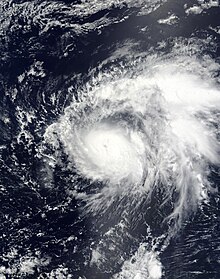 Satellite image of Hurricane Guillermo at peak intensity despite lacking a distinct eye