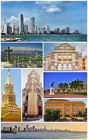 Top: Bocagrande Harbor. Second row: View of Santa Cruz Manga Island, Heredia Theatre. Third row: ClockTower (Torre del Reloj), Pilar Republicano, San Felipe Barajas Castle (Castillo de San Felipe de Barajas) (above), Charleston Hotel (below). Bottom: City Skyline.