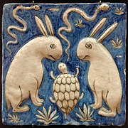 Tile with two rabbits, two snakes and a tortoise. Illustration for Zakariya al-Qazwini's book, Marvels of Things Created and Miraculous Aspects of Things Existing (13th century).