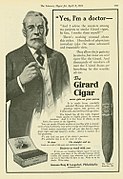 A 1916 ad showing a fictional doctor endorsing a cigar brand. At the time, it was considered a breach of medical ethics to advertise; doctors who did so would risk losing their license.[94]