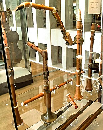 Museum of Musical Instruments, Berlin: 18th-century basset horns (with clarinets, a flute, and bassoons)
