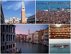 A collage of Venice: at the top left is the Piazza San Marco, followed by a view of the city, then the Grand Canal, and (smaller) the interior of La Fenice and finally the Island of San Giorgio Maggiore