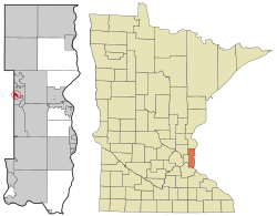 伯奇伍德村在华盛顿县及明尼苏达州的位置（以红色标示）