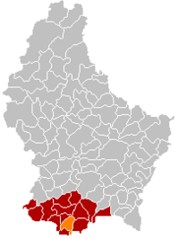 凯勒在卢森堡地图上的位置，凯勒为橙色，阿尔泽特河畔埃施县为深红色