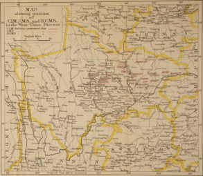 Map of Sichuan showing Anglican mission stations of China Inland Mission (CIM), Church Missionary Society (CMS) and Bible Churchmen's Missionary Society (BCMS)