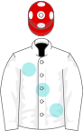 White, large pale blue spots, red cap, white spots