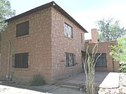 Side view of the Rancho Ko-Mat-Ke House. The house was built in 1925 and is located at 1346 E. South Mountain Ave. It was listed in the Phoenix Historic Property Register in April 1989.