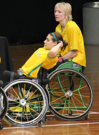 Vinci and teammate Amber Merritt during a time out at the 2012 Rollers & Gliders World Challenge in Sydney in July 2012