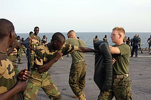 US Navy 051103-M-2175L-200 U.S. Marine Corps Lance Cpl. Ryan Papa, right, assigned to 2nd Platoon, Company C, 1st Battalion, 8th Marine Regiment, holds a striking pad for a member of the Senegalese 90th Naval Infantry.