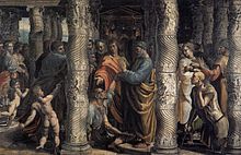 The Healing of the Lame Man (Acts 3:1–8): The story of Peter healing the lame man, Acts 3:1–8 is a tapestry within Raphael's Cartoon collection. This miracle illustrates the "spiritual healing of Jesus." Pictured is the lame man sitting and leaning against an intricately detailed column with his arm reaching overhead for Peter to cradle his hand. The shadowing and tones used to depict the lame man's face convey the look of an aged, tired man. The wrinkles in his face and his eyes display the pain he is feeling. The lines used in the creation of his legs and feet define muscular legs and impaired feet. All of this artistic detail reinforces the fact that the lame man spent many years lying and crawling on the ground impaired by his handicap. In contrast, Peter stands clutching his hand while praying over him. The details in Peter's face and expression reinforce his concern. The rendering of the clothing gives the appearance of creased material that can be felt; the hair of each individual is also detailed.