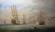 1853年的最后一次帆船之战。弗拉基米尔·科索夫（Vladimir Kosov）画作中的锡诺普战役。