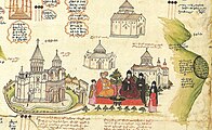 Ararat depicted vertically (right) on a 1691 map by Eremya Çelebi along with Etchmiadzin Cathedral and other churches of Vagharshapat.[197]