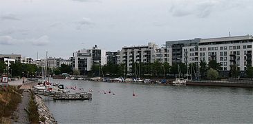 Apartment buildings on the northern shore of Jätkäsaari along the Ruoholahti canal.