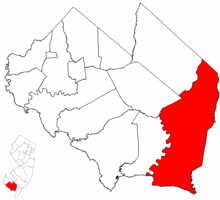 Location of Maurice River Township in Cumberland County highlighted in red (right). Inset map: Location of Cumberland County in New Jersey highlighted in red (left).