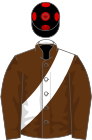 Brown, white sash, black cap, red spots
