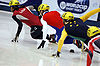 Short track speed skater Mark McNee, third from left at the 2004 World Cup in Saguenay. His uniform features the green and gold and the Southern Cross