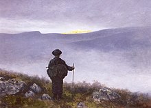 Painting of a young boy looking over a purple ravine