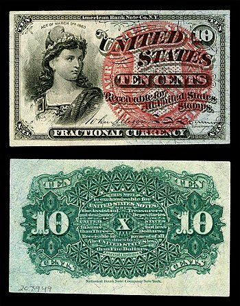 Obverse and reverse of a ten-cent fourth-issue fractional-currency banknote