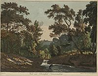 Paul Sandby, View near Edwinsford, Carnarvonshire, 1812, with colours added by hand.