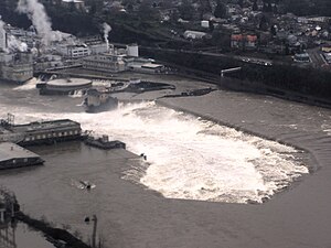 An aerial view of the Willamette Falls with the river near flood stage, taken on January 22, 2006