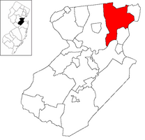 Location of Woodbridge Township in Middlesex County highlighted in red (right). Inset map: Location of Middlesex County in New Jersey highlighted in black (left).