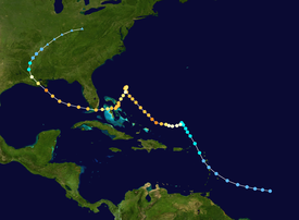 The path of a tropical cyclone as represented by colored dots; each dot denotes the location and strength of the tropical cyclone at six-hour intervals.