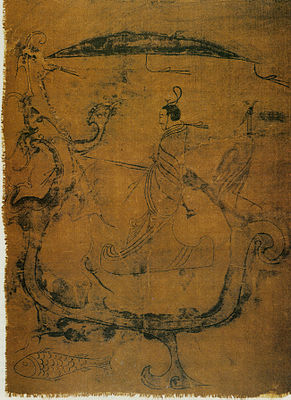 Silk painting depicting a man riding a dragon, painting on silk, dated to 5th-3rd century BC, from Zidanku Tomb no. 1 in Changsha, Hunan Province]]