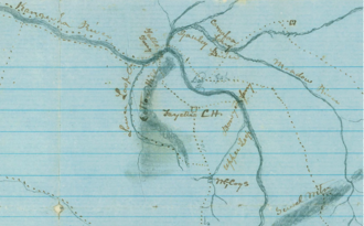 Old map drawn in pencil on blue-lined paper