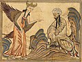 Mohammed receiving his first revelation from the angel Gabriel. Illustration on vellum in Jami' al-tawarikh by Rashid al-Din Hamadani, Tabriz, Persia, 1307.