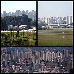 Skyscraper of the district. Top left:A display of 14-Bis aircraft monument in Campo de Bagatello Park, Top right:Campo de Marte Airport, Bottom:View of Downtown Santana