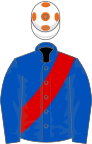 Royal blue, red sash, white cap, orange spots